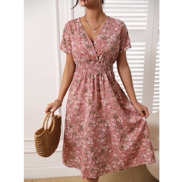 boho black Floral Shirred Wrap midi Dress - Picture 3 of 10